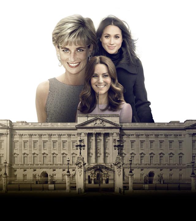 "Royale Ehefrauen: Vom Glück, eine Windsor zu werden": Die Collage zeigt den Kensington-Palast sowie die Prinzessinnen Diana, Kate und Meghan.