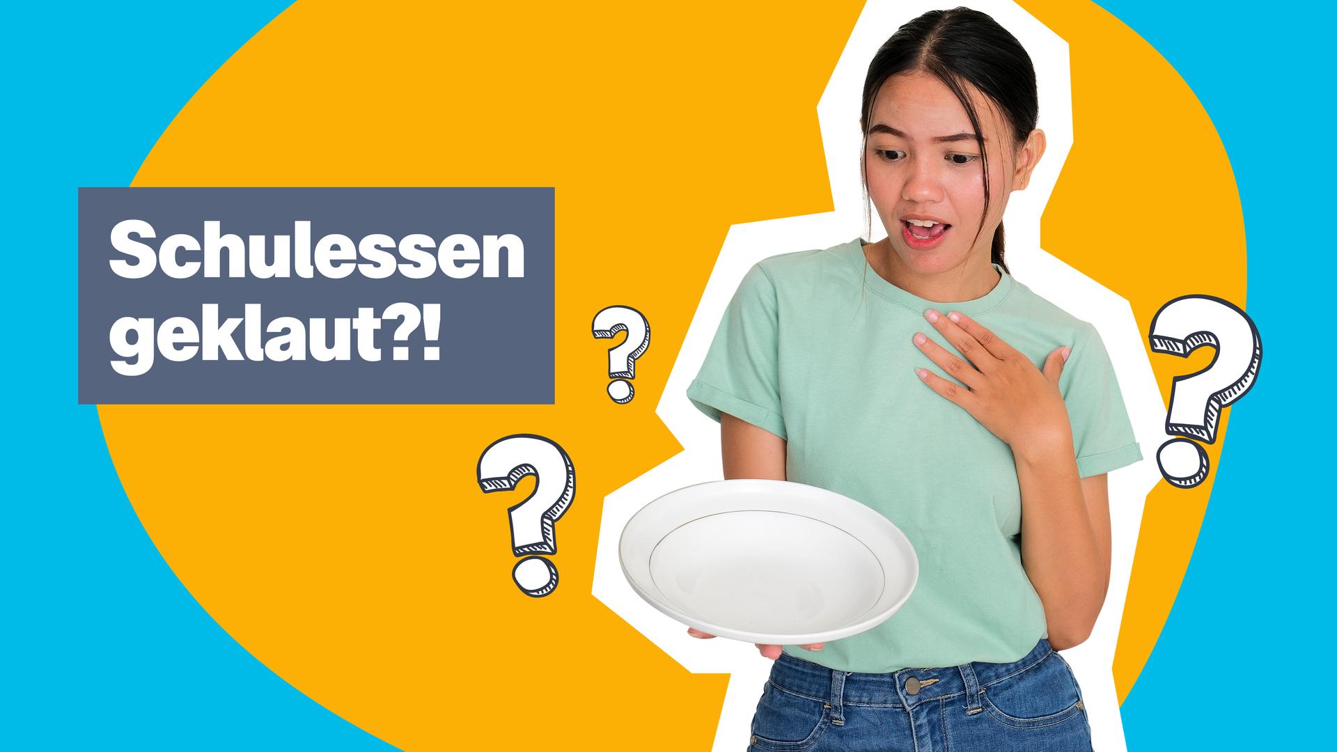 Ein Cutout von einem Mädchen, die einen leeren Teller in der Hand hält und erstaunt darauf schaut. Drumherum farbiger Hintergrund und Fragezeichen. 