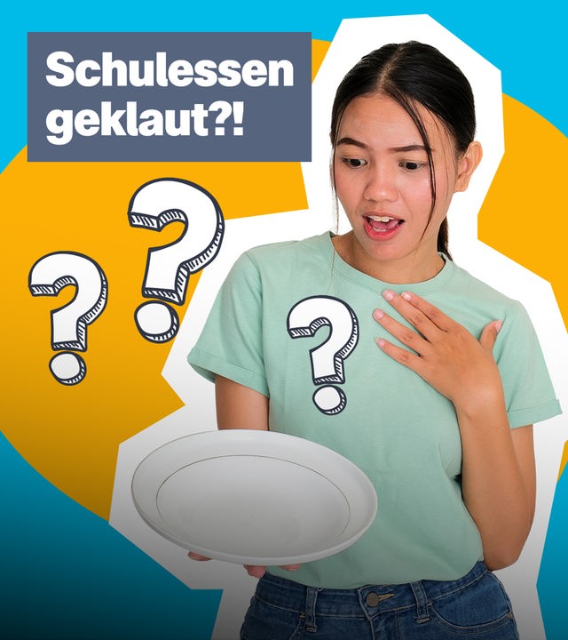 Ein Cutout von einem Mädchen, die einen leeren Teller in der Hand hält und erstaunt darauf schaut. Drumherum farbiger Hintergrund und Fragezeichen. 