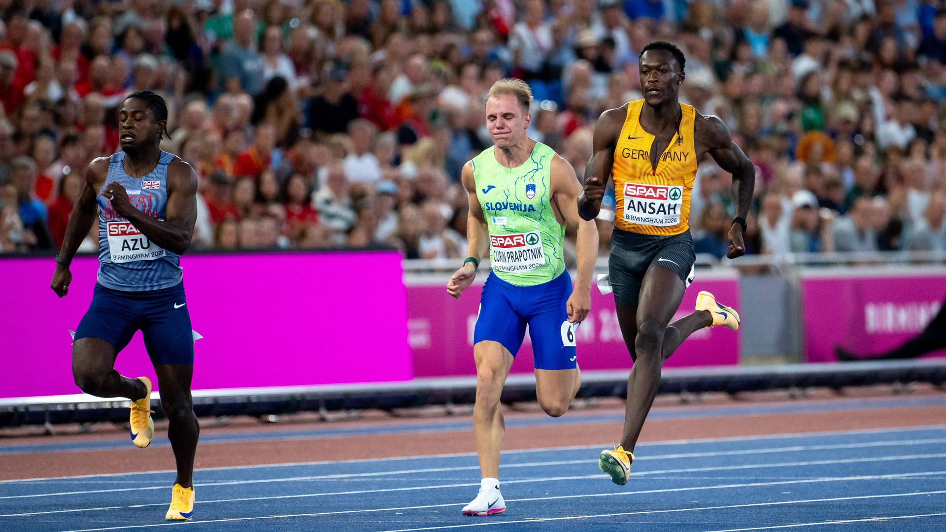 Owen Ansah (Deutschland) im 100-Meter-Halbfinale der Leichtathletik-Europameisterschaften 2026 am 11.08.26 in Birmingham.