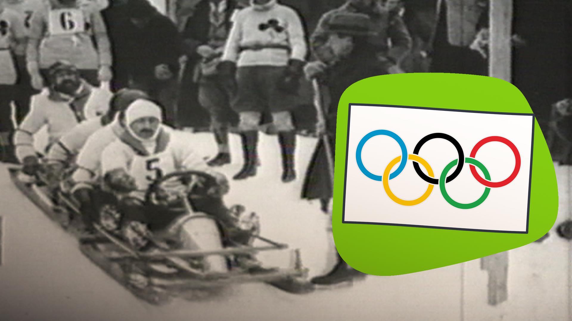 Eine Gruppe Männder rodelt; Olypische Ringe; schwarz-weiß Fotografie