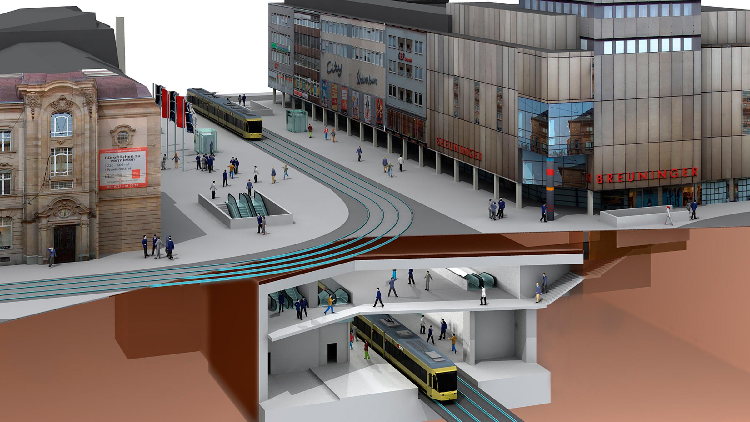 Computerbild der Karlsruher Innenstadt mit unterirdischer Straßenbahn
