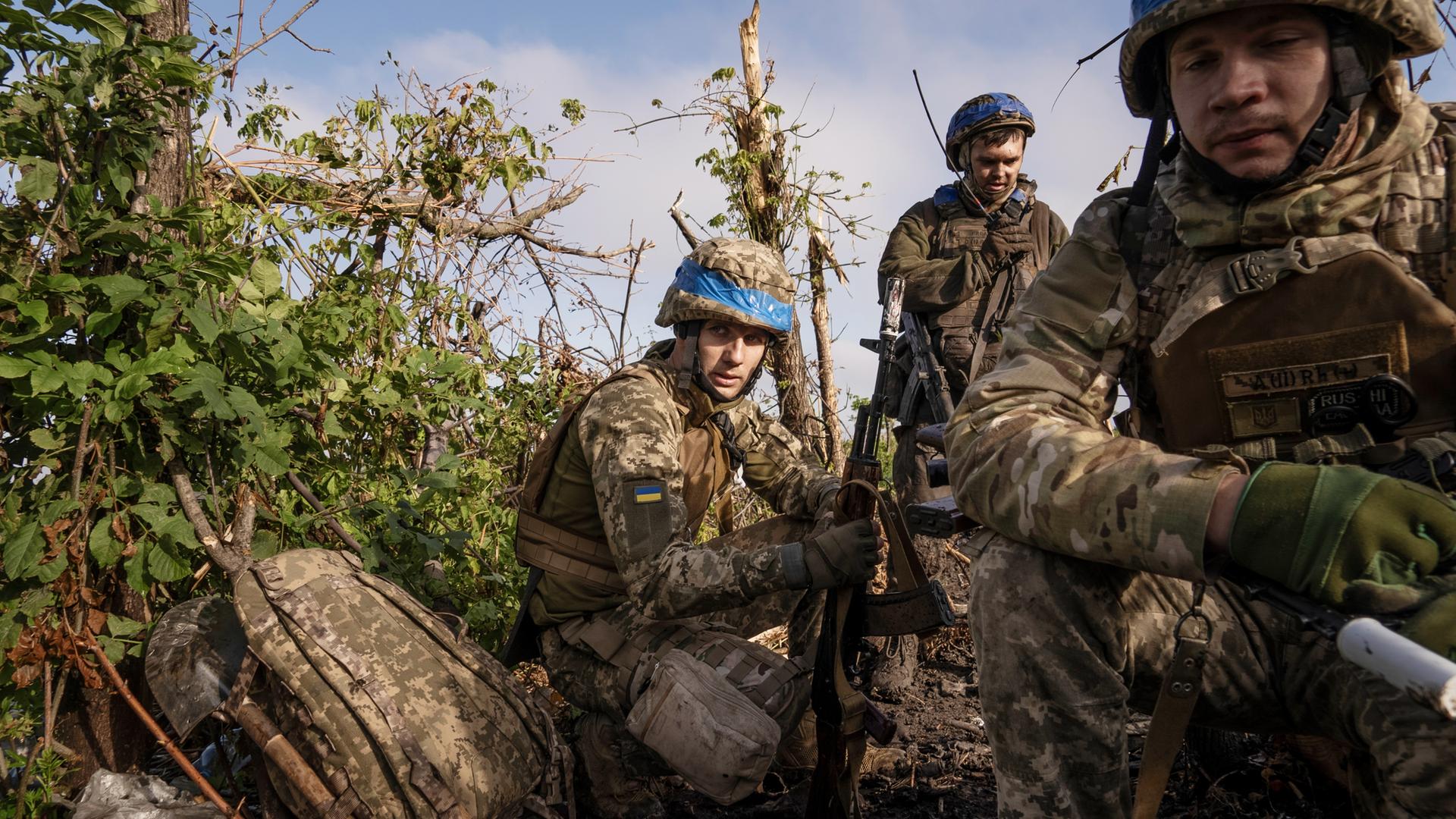 Soldaten in Camouflage kauern zwischen Büschen und Gestrüpp.