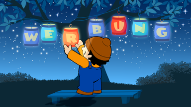 Mainzelmännchen Installiert eine Lampionkette. Die Buchstaben auf den einzelnen Lampions bilden das Wort WERBUNG
