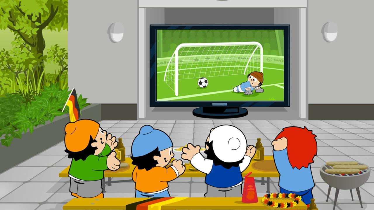 Vier Mainzelmännchen sitzen an einer Bierzeltgarnitur und schauen Fußball im Fernsehen. Um sie herum liegen Fanartuikel. Rechts steht ein Grill. Auf dem Fernsehbildschirm sieht man ein Mainzelmännchen in einem Fußballtor.