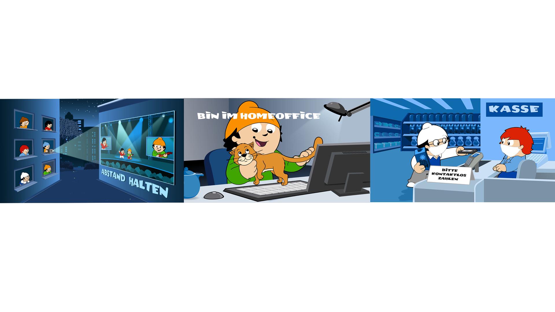 Drei Mainzelmännchen-Motive nebeneinander, die für Verhaltensregeln in Zeiten von Corona werben.