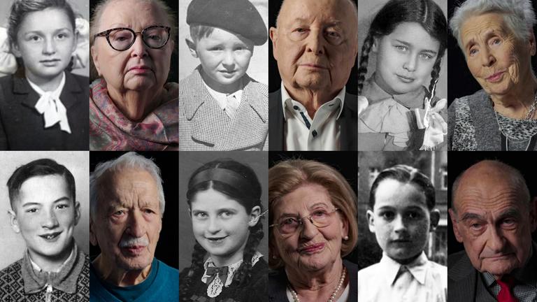 "Zeugnisse – Holocaust-Überlebende berichten": Collage von Holocaust-Überlebenden damals und heute. Von links nach rechts oben: Aviva Goldschmidt, Herbert Rubinstein, Natalia Raksina, von links nach rechts unten: Ernst Grube, Eva Szepesi, Franz Michalski.