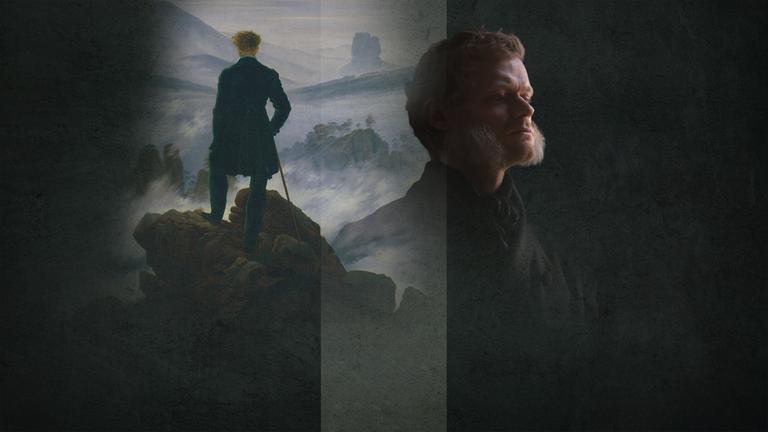 "Terra X: Giganten der Kunst - Caspar David Friedrich": Montage: Caspar David Friedrich steht auf einem Felsen und ist von hinten zu sehen. Daneben ist eine Abbildung von Caspar David Friedrich im Profil.
