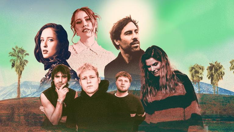 "Song Trip: Max Giesinger x Mongolei": Montage: Vor einer Landschaft mit Palmen und Bergen unter einem grünen Himmel liegen die Porträtaufnahmen von sieben Personen: Alice Merton, LEA, Max Giesinger, drei Mitglieder der Band 01099 und Eva Briegel.