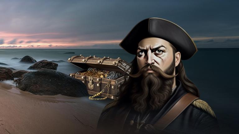 "Der Schatz des Piraten": Computergeneriertes Portrait des Piraten La Buse, das ihn mit einer Schatzkiste an der Meeresküste zeigt.
