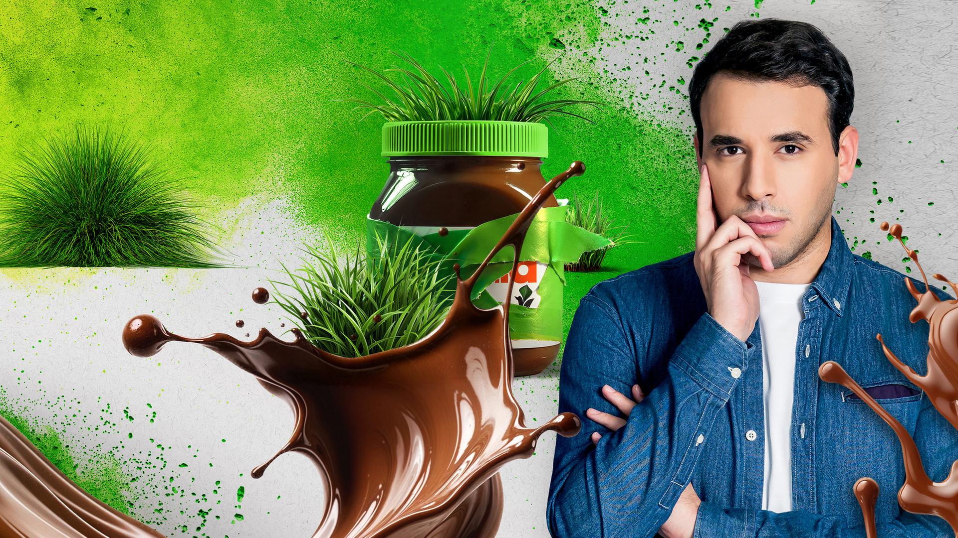"Greenwashed? Nutella: Das grüne Märchen von Ferrero": Bildmontage: Greenwashed-Reporter Sherif Rizkallah mit skeptisch fragendem Blick neben einem Nutella-Glas.