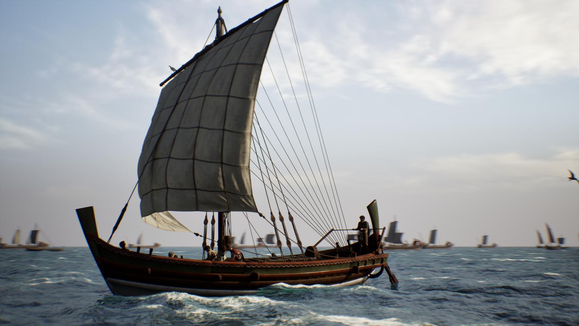 "Terra X: Die Flotte der Cäsaren": Computeranimation: Ein römischer Frachtsegler fährt über das Meer. Im Hintergrund sind weitere Schiffe unterwegs.