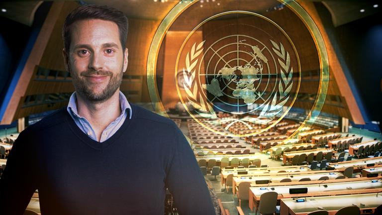 "Terra X: Was die Welt besser macht - Frieden": Collage: Mirko Drotschmann und Saal der UN-Generalversammlung.