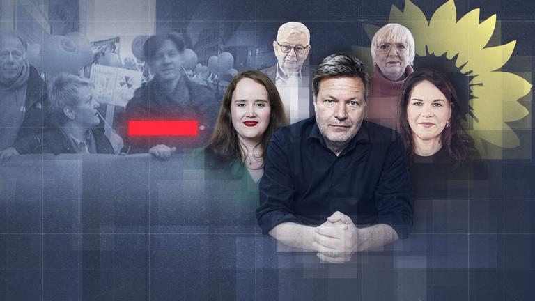 Auf dieser Montage ist neben einem Anti-Atomkraft-Demonstration der Grünen mit Jürgen Trittin und Renate Künast, schauen im Vordergrund die Politiker (v.l.n.r.) Ricarda Lang, Joschka Fischer, Robert Habeck, Claudia Roth und Annalena Baerbock