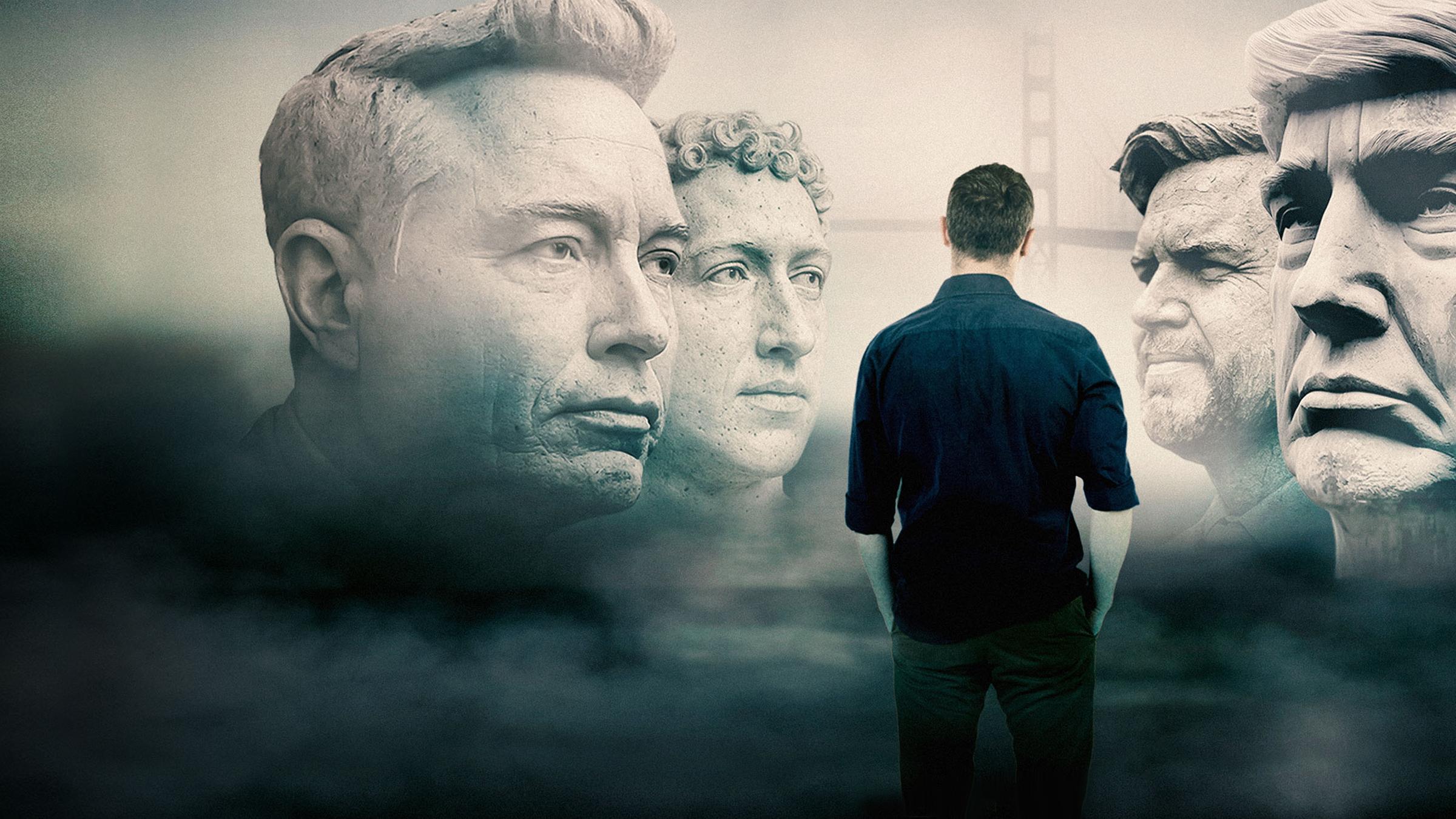 "Trump und das Silicon Valley - Staatsstreich der Tech-Milliardäre": Ein Mann steht vor den riesigen steinernen Köpfen von Trump, Vance, Zuckerberg und Musk.