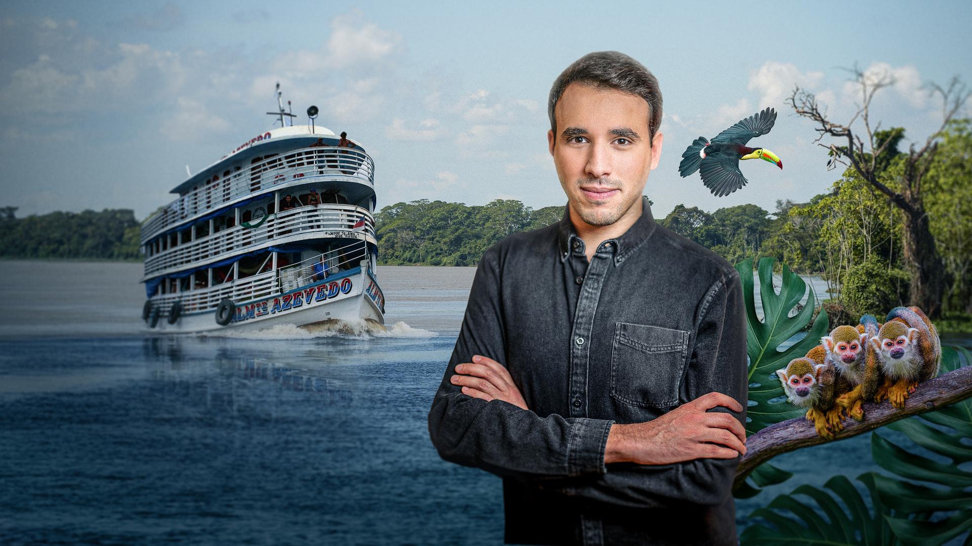  "WISO-Dokumentation: Expedition Amazonas - Brasiliens Regenwald und die globale Klima-Krise": Collage aus einem Porträt von Sherif Rizkallah, einem Touristenboot auf dem Amazonas, Tieren und Pflanzen.
