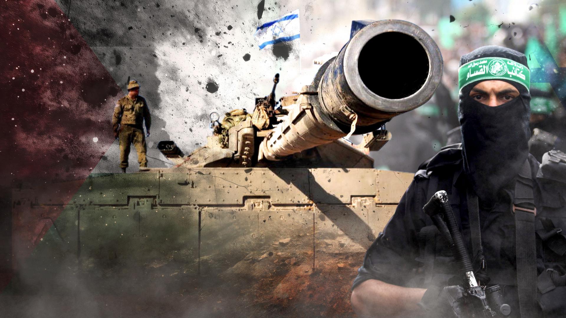 "Israel und Palästina-Frieden unmöglich? Geburt des Konflikts": Montage: An der Seite steht ein vermummter Hamas-Kämpfer mit einer Waffe, dahinter ein israelischer Panzer, dessen Geschützrohr seitlich nach vorne zeigt. Im Hintergrund weht eine israelische Fahne und Teile, wie von einer Explosion, fliegen durch die Luft.
