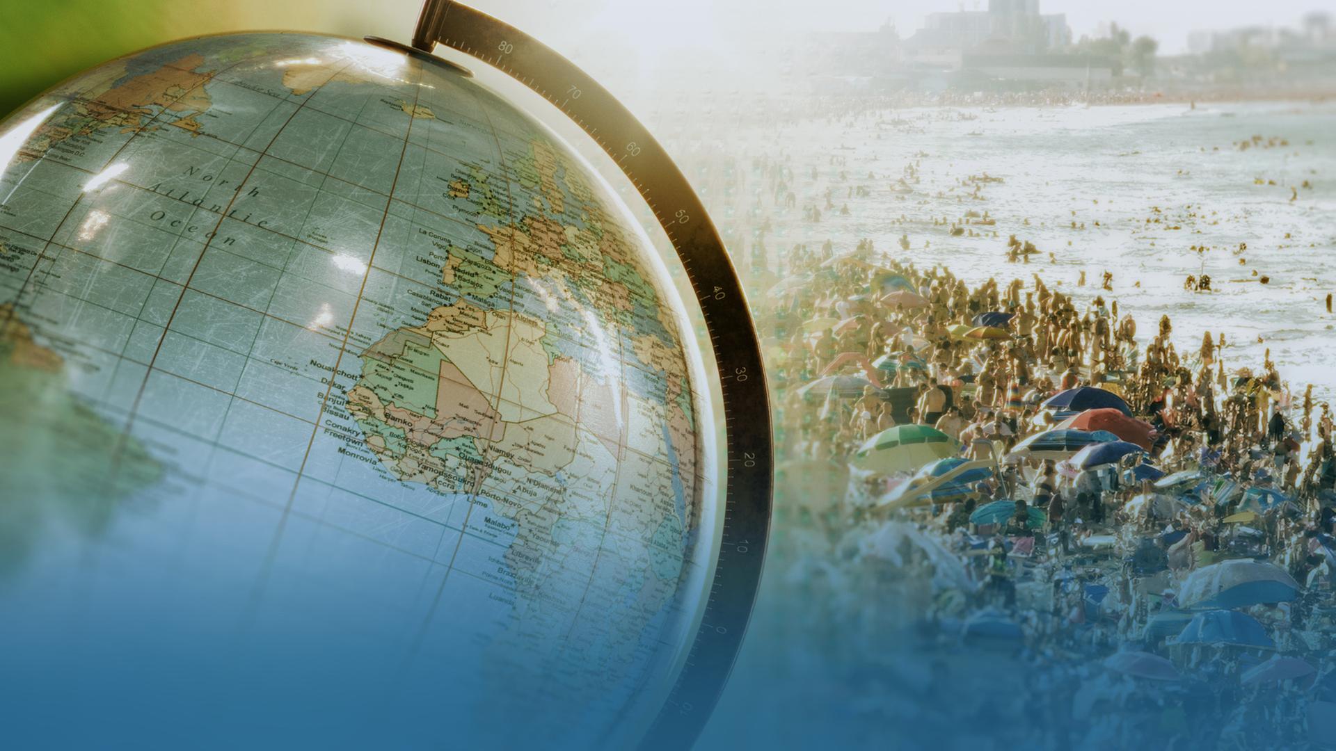 "Urlaubslust und Reisefrust - Wie viel Tourismus verträgt die Welt?": Montage: Auf einer Seite ist ein Globus abgebildet, auf der anderen Seite ein überfüllten Strand.