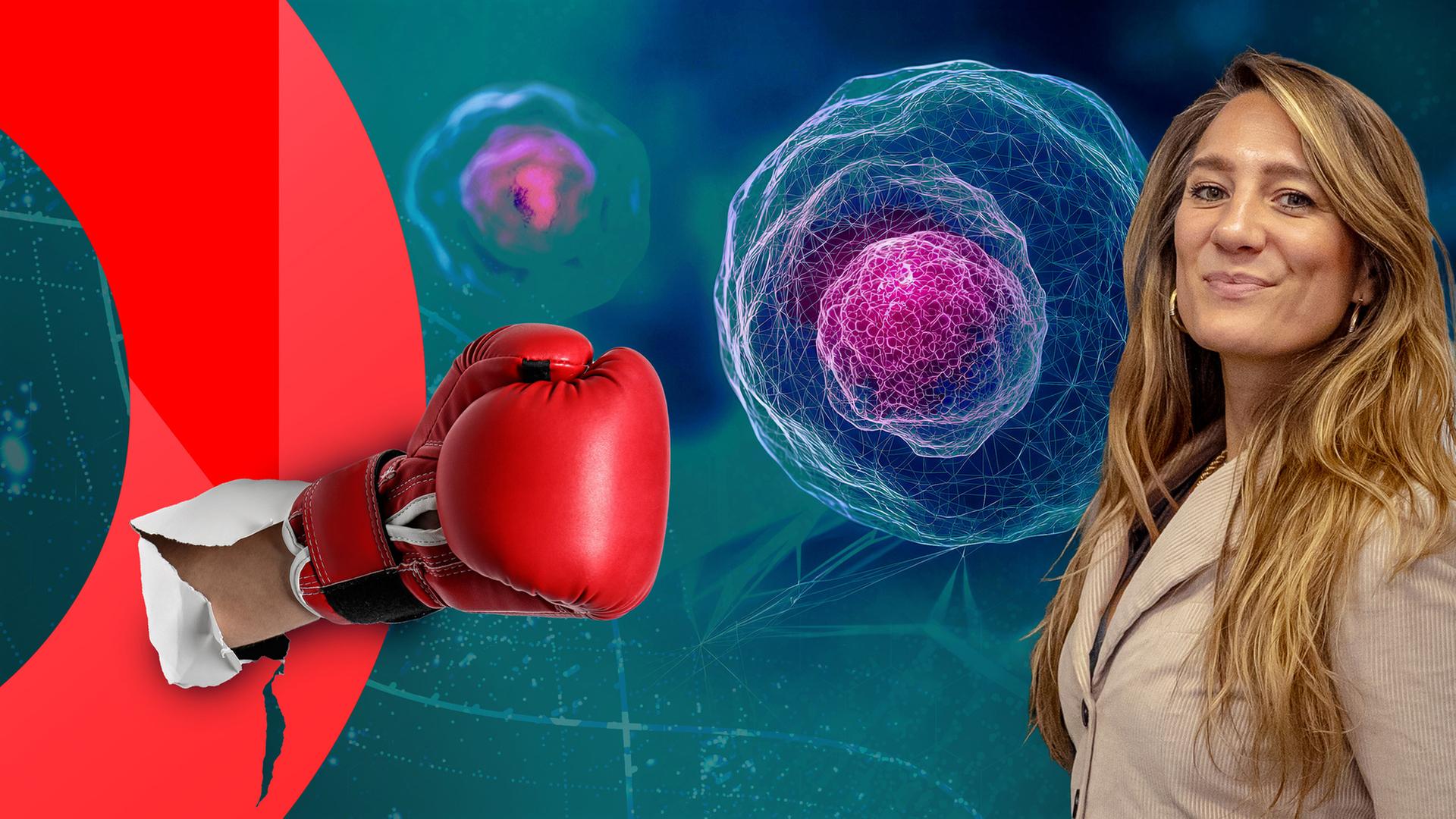 "Anti - Krebs - Hacks": eine Frau vor einem Hintergrund mit Krebszellen. Auf der anderen Seite des Bildes ist ein Boxhandschuh zu sehen.