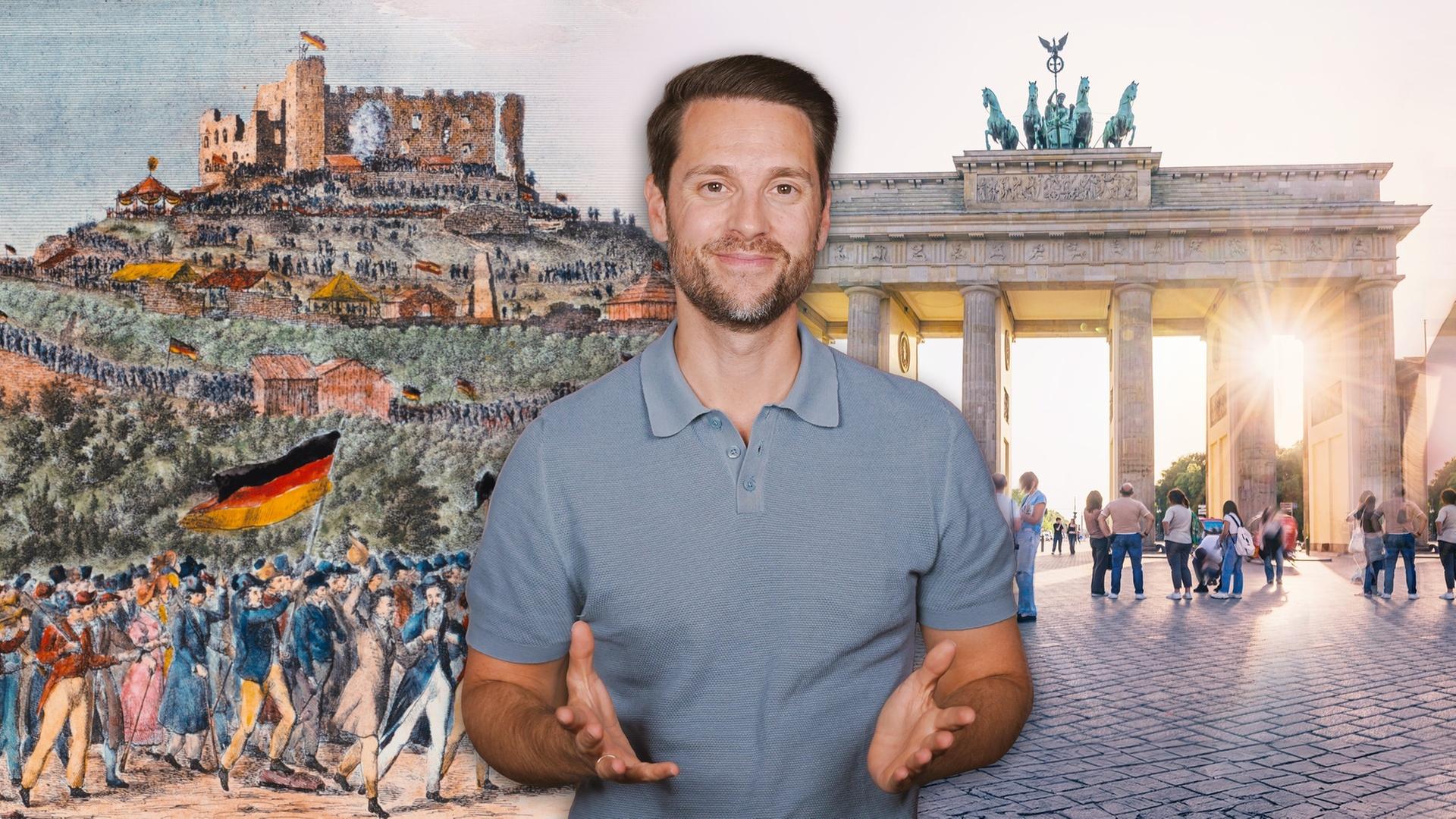 Orte der Demokratiegeschichte: Auf dieser Montage aus drei Bildern steht Mirko Drotschmann und schaut gestikulierend in die Kamera. Im Hintergrund stehen Besucher vor dem Brandenburger Tor und ein Gemälde eines Aufzugs von Mensch vor dem Hambacher Schloss, bei dem ein Beteiligter in eine Deutschlandfahne trägt.