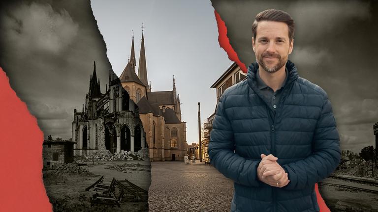 "Aufbruchsjahre - Deutschland nach dem Krieg": Montage: Im Vordergrund steht Mirko Drotschmann und schaut lächelnd in die Kamera. Hinter ihm liegt ein in der Mitte geteilt ein historisches Foto des Doms. In der Lücke befindet sich ein aktuelles Foto des Doms. Die Fotos im Hintergrund sind durch rote Linien grafisch von einander abgesetzt.