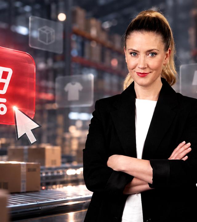 "Die Tricks der Onlinehändler - mit Pia Osterhaus": Montage: Pia Osterhaus steht an der Seite. Neben ihr liegt ein rotes Schild mit einem Pfeil auf der Aufschrift "Kaufen". Im Hintergrund liegen Angebote mit Bewertungen auf einem Display.