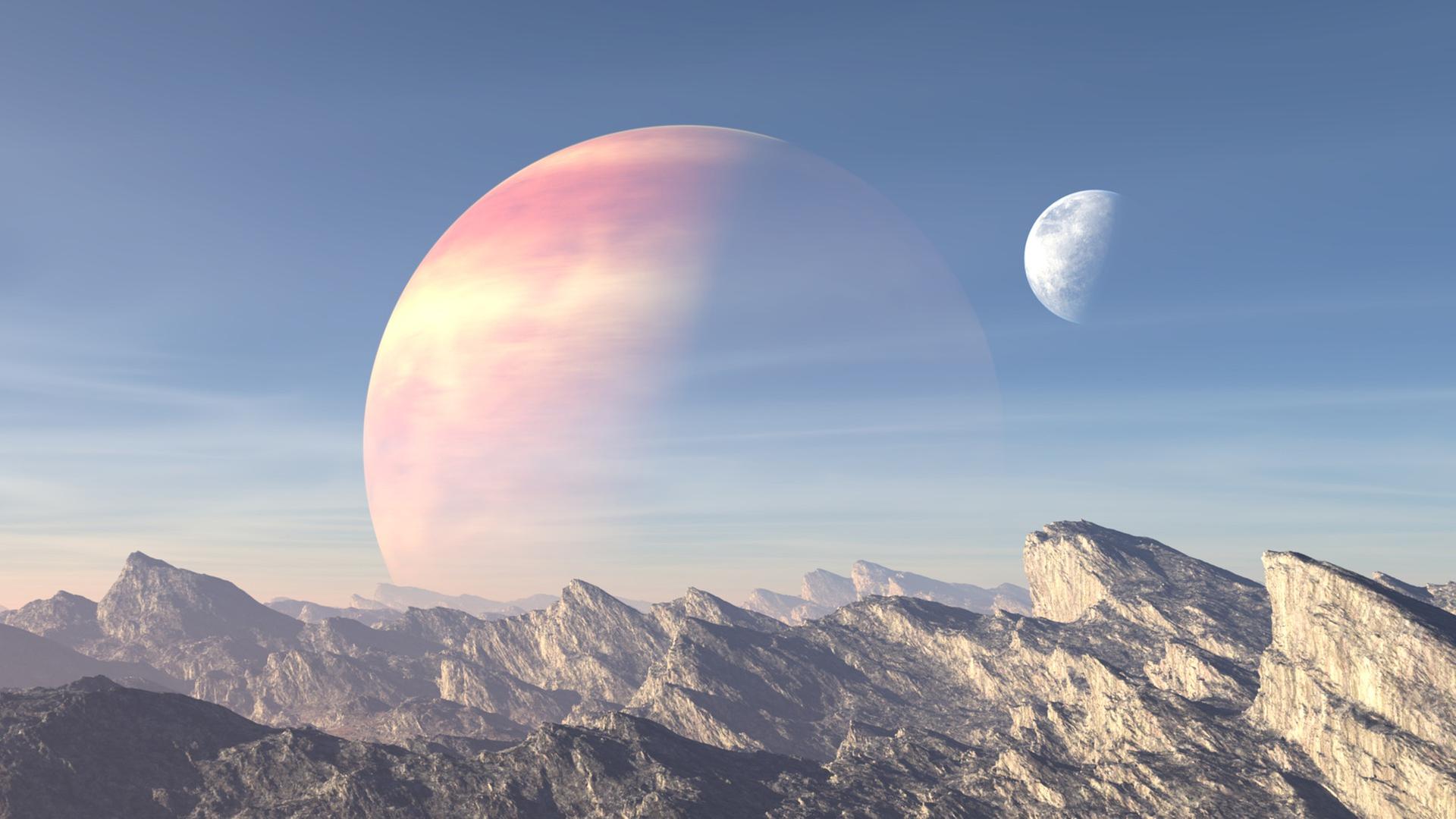 Animation: Bergreihe mit Planeten darüber