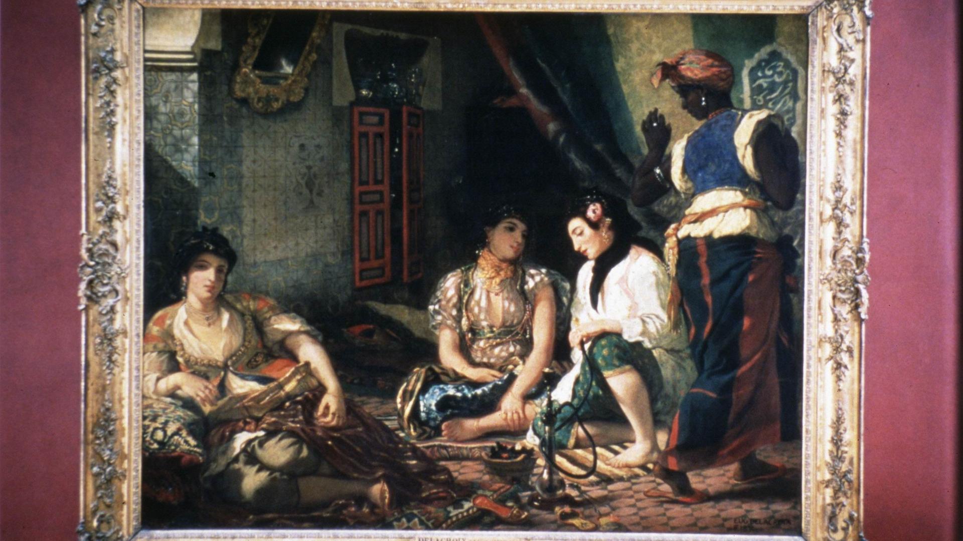 Ein Gemälde von Delacroix in prunkvollem Rahmen vor einer roten Wand
