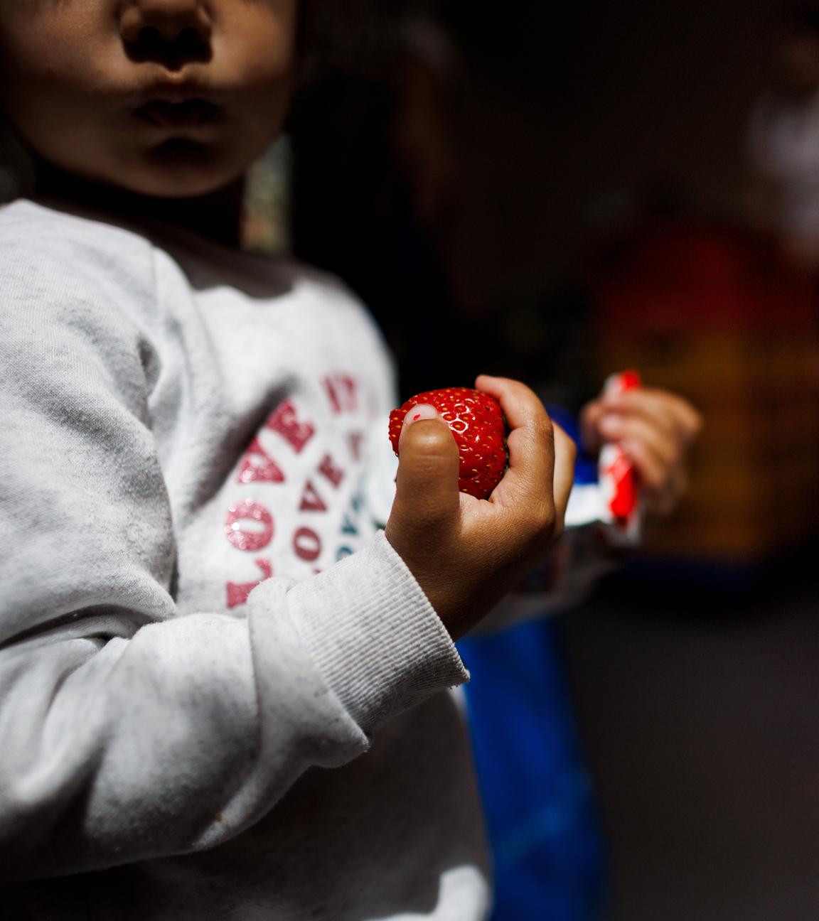 Kind hält Erdbeere und Kinderriegel in der Hand, Berlin, 04.07.2023.