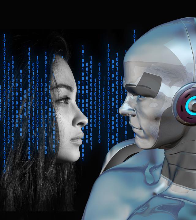 Menschliches Gesicht gegenüber einem Roboter 