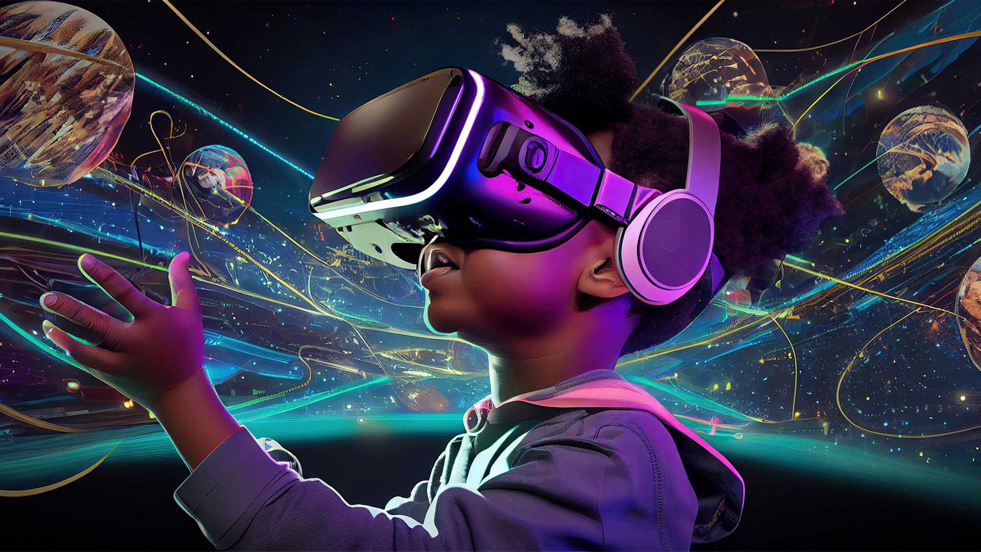 Kind mit VR-Brille bewegt sich durch ein digitales Universum