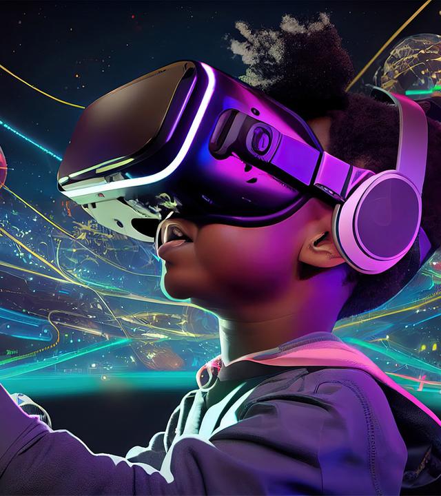 Kind mit VR-Brille bewegt sich durch ein digitales Universum