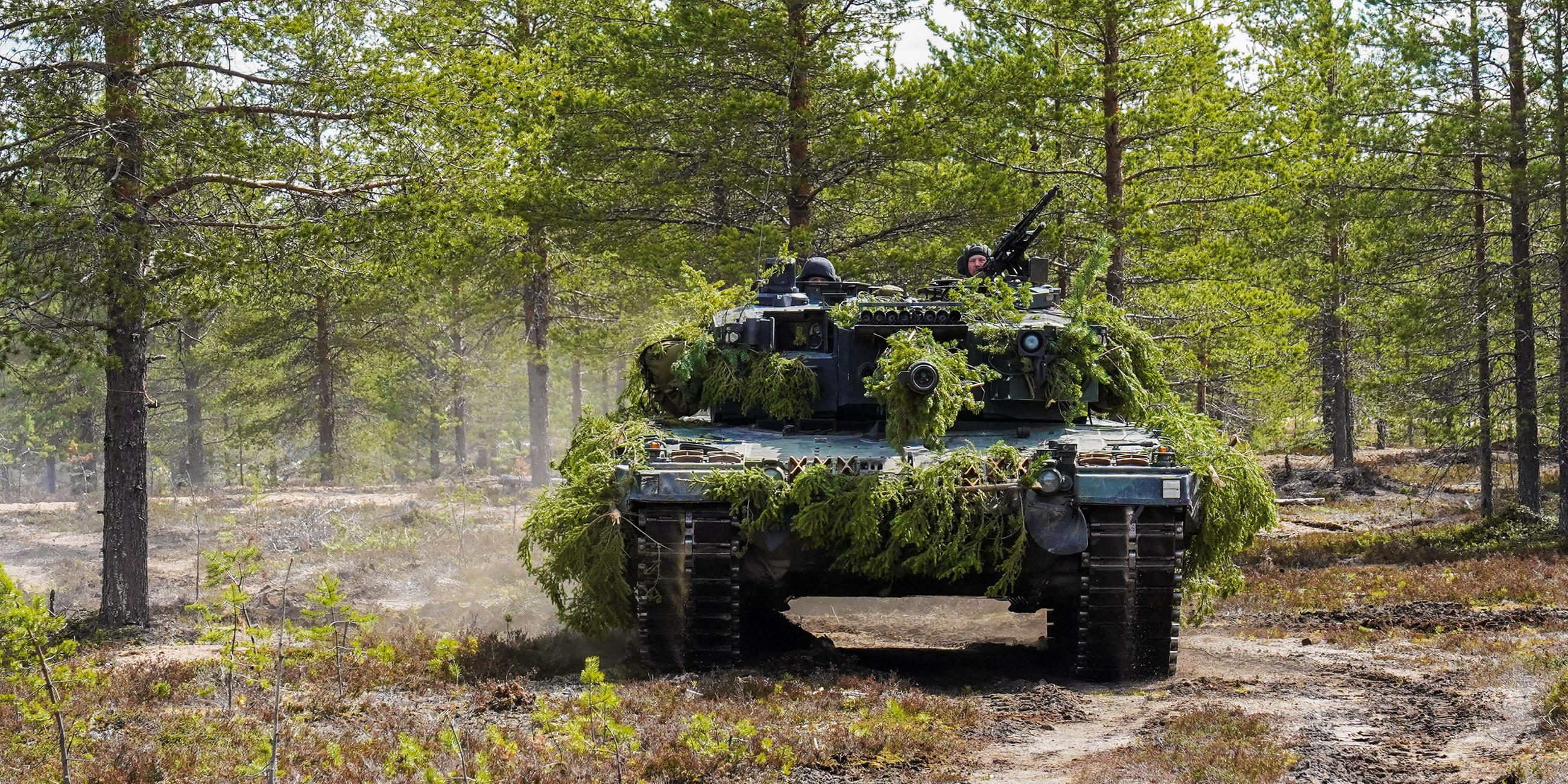 Der Kampfpanzer Leopard 2 getarnt mit Zweigen in einem lichten, sonnendurchfluteten Kiefernwald