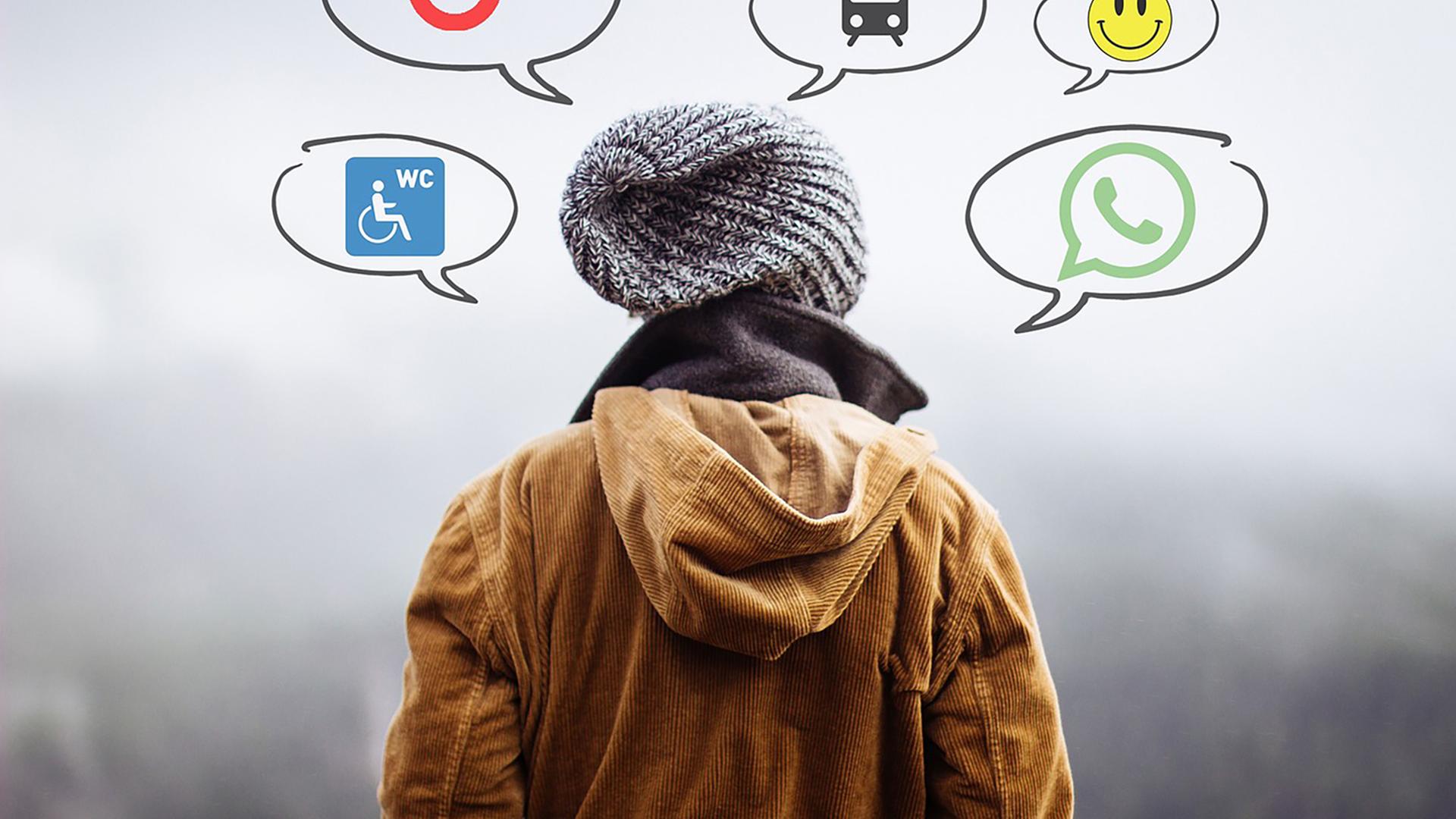 Jugendliche von hinten. Über ihrem Kopf sind Denkblasen