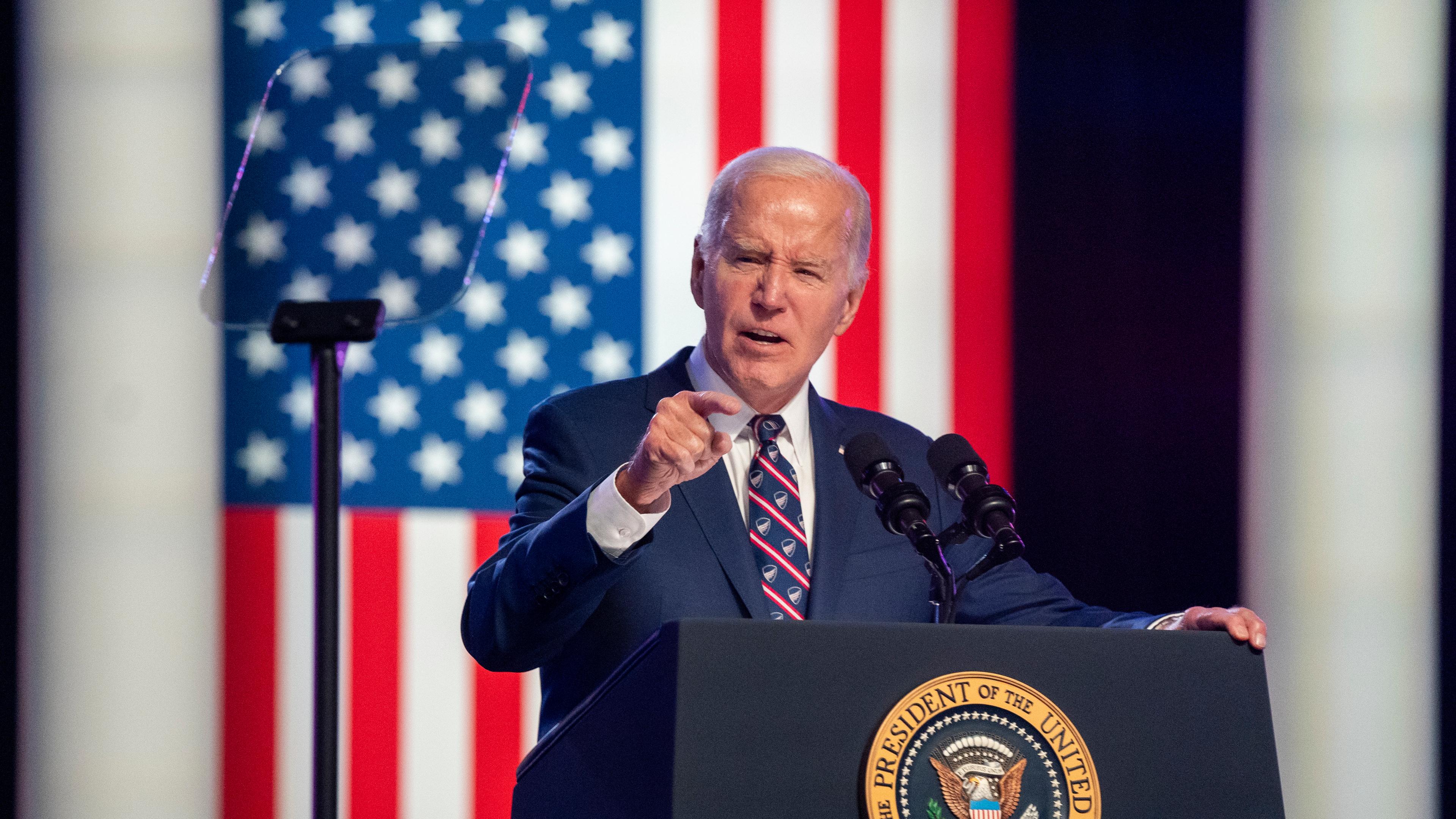 US President Joe Biden delivers a speech critical of former President Trump during a campaign event