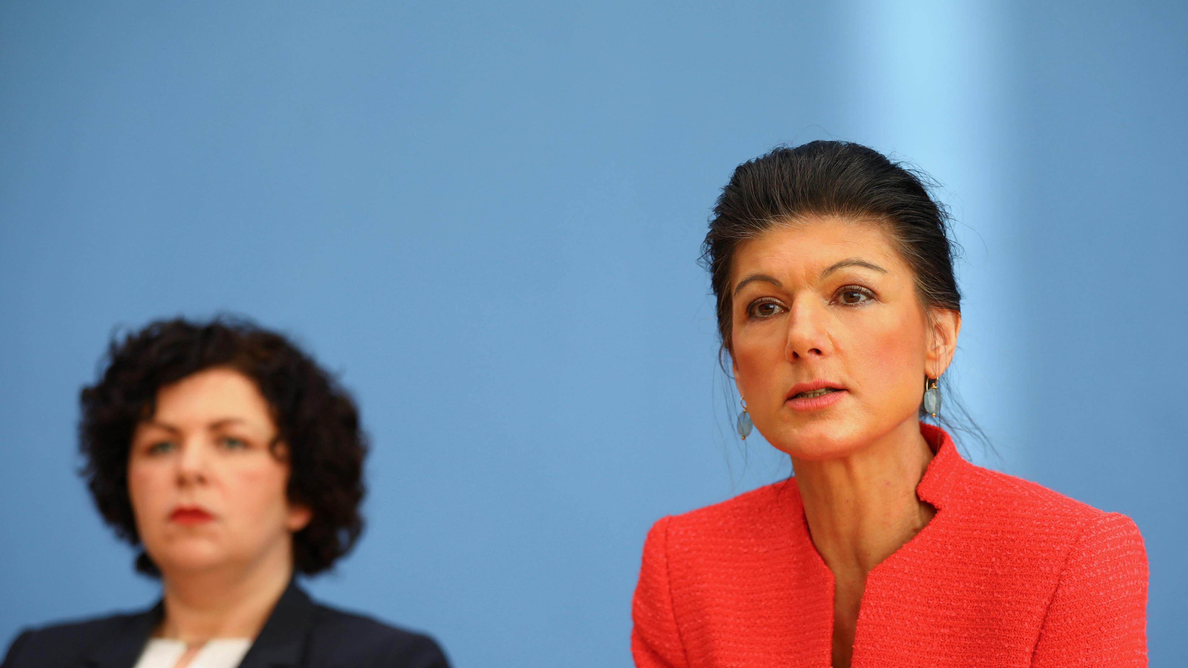 Sahra Wagenknecht addresses the media during the founding news conference of her new party in Berlin