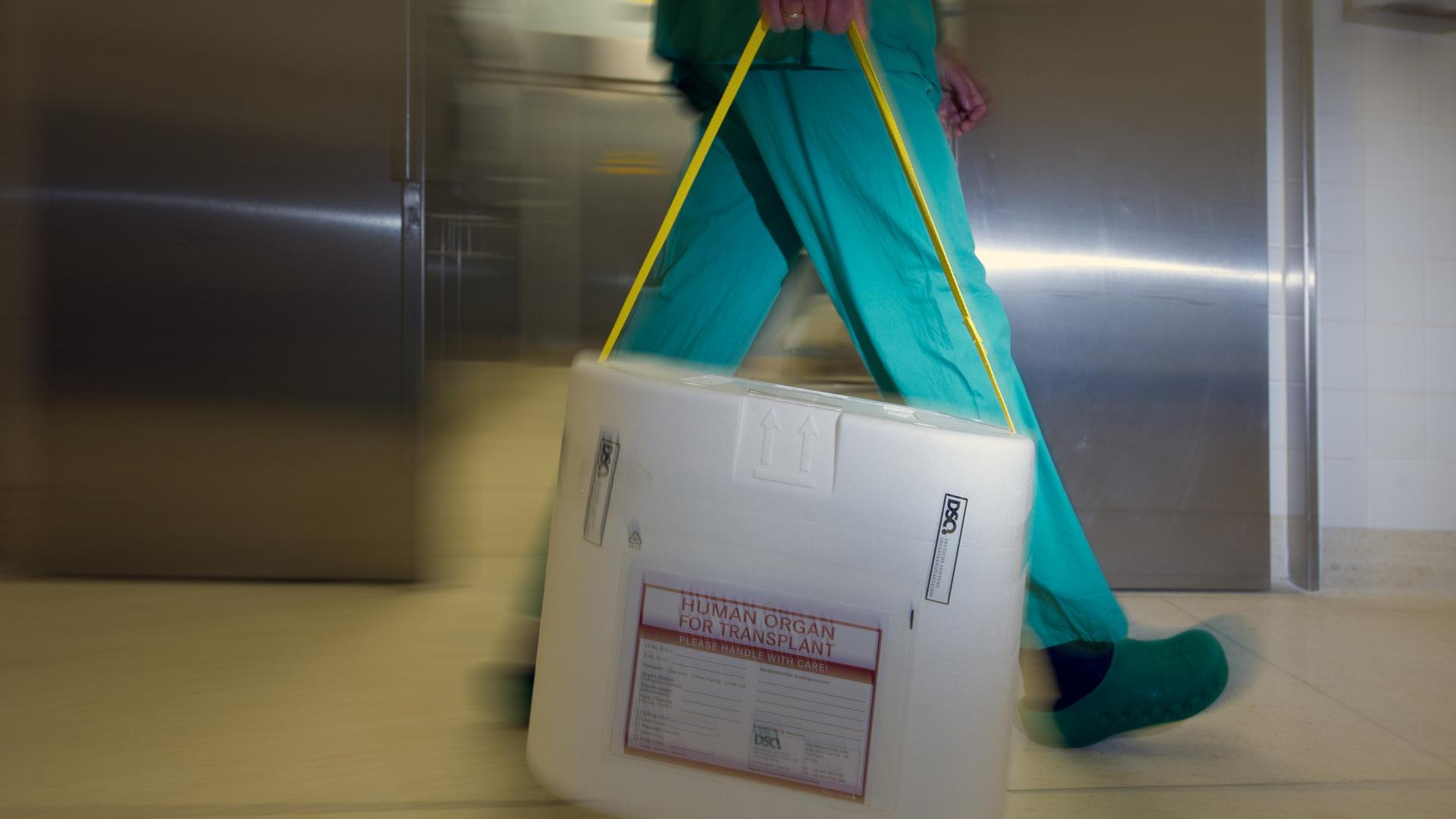 Mann trägt Kühlbox für Organspenden