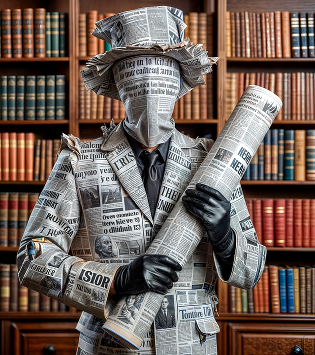 Ki generierter Mensch aus Zeitungspapier vor einer Bücherwand