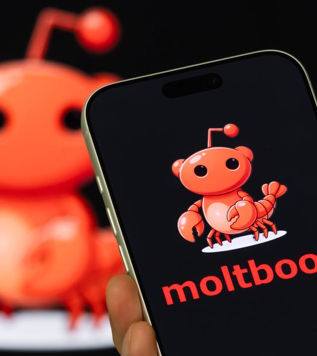 Moltbook vernetzt 1,6 Mio. KI-Bots, die selbstständig agieren und Daten teilen. Ein digitales Paralleluniversum ohne Kontrolle? (Auf dem Bild ist das Logo "Moltbook" auf einem Handy zusehen. HIntergrund zeigt verschwommene Webseite.)