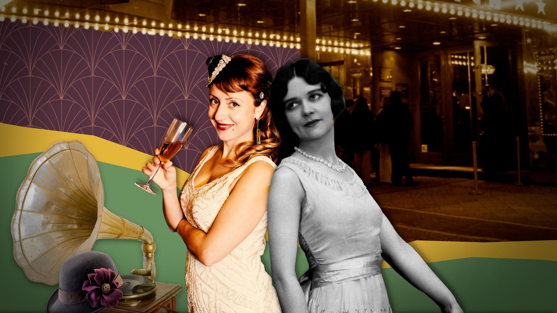 Eine Frau im 20er-Jahre-Kleid mit Sektglas steht Rücken an Rücken mit einer Frau aus den 20er Jahren in einem Schwarzweiß-Foto.