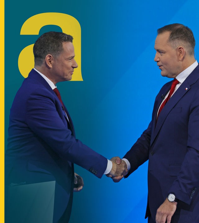 Polnische Präsidentschaftskandidaten, Warschaus Bürgermeister Rafal Trzaskowski (L) von der Bürgerlichen Koalition (KO) und der konservative Historiker Karol Nawrocki (R)