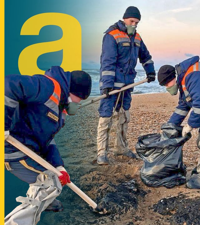 Oil spill clean up after tankers collision in the Kerch Strait