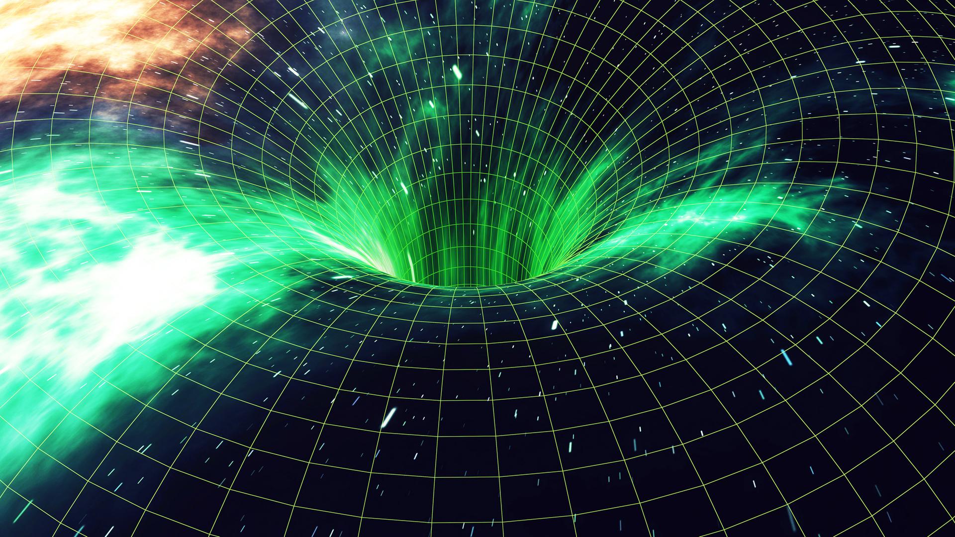 Ein Wurmloch in der Galaxie erscheint als dunkles, spiralförmiges Tor im Raum, das Licht verzerrt und teils grün leuchtend ins Unbekannte führt.