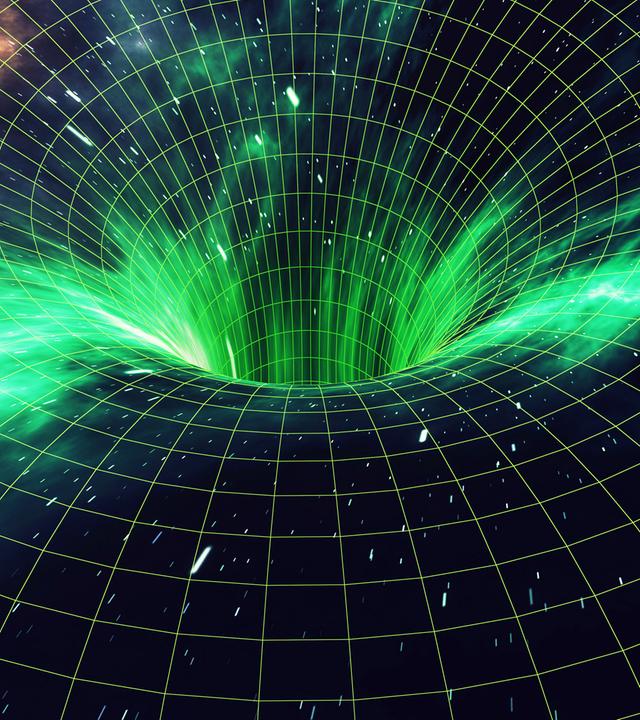 Ein Wurmloch in der Galaxie erscheint als dunkles, spiralförmiges Tor im Raum, das Licht verzerrt und teils grün leuchtend ins Unbekannte führt.