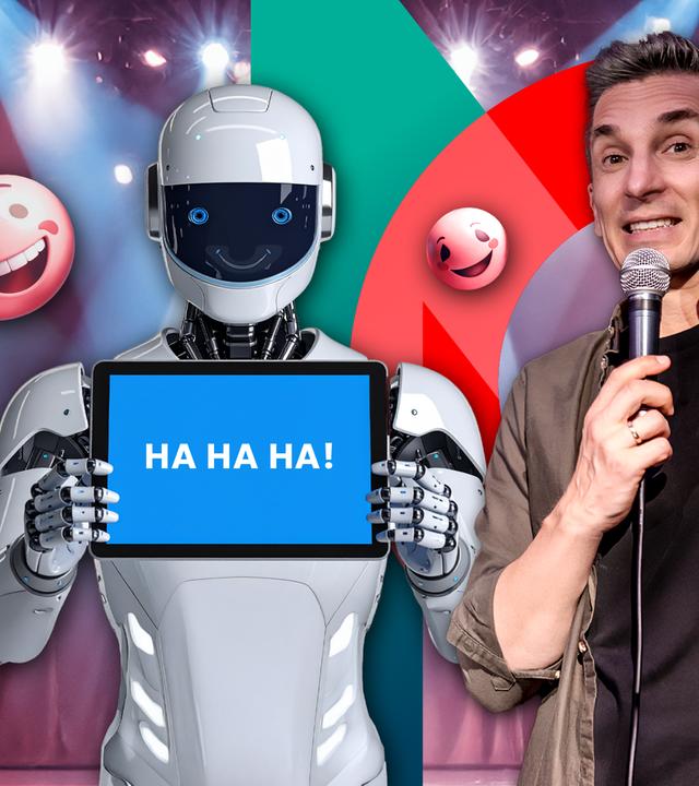 Reporter Eric Mayer testet live auf der Bühne, ob KI humorvolle Witze schreiben kann – mit gemischtem Erfolg. 