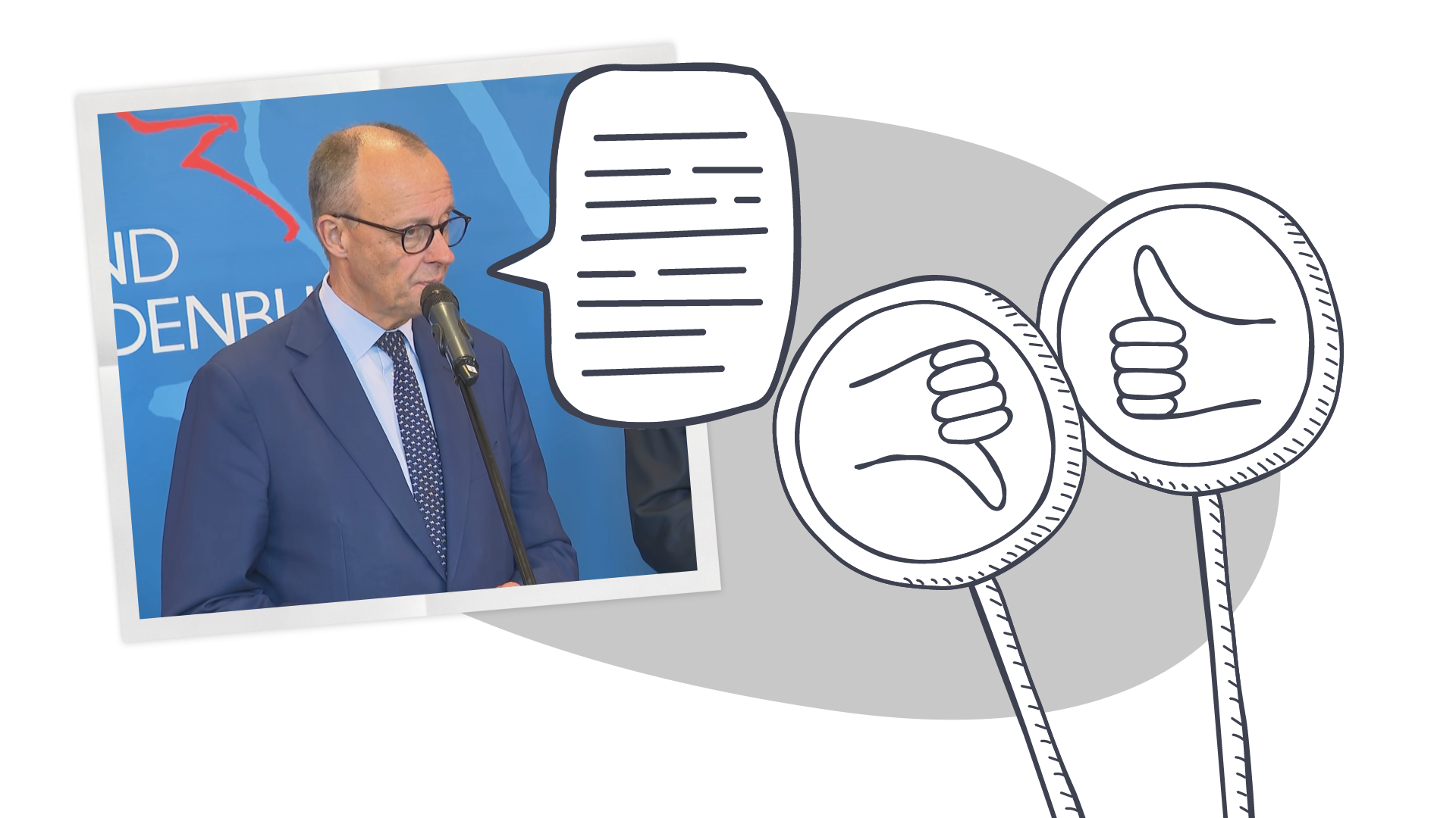 Auf dem Bild ist Bundeskanzler Friedrich Merz zu sehen. Er spricht in ein Mikrofon. Neben seinem Mund befindet sich eine Sprechblase. Daneben sind zwei Schilder mit einem Daumen-hoch- und einem Daumen-runter-Symbol zu erkennen.