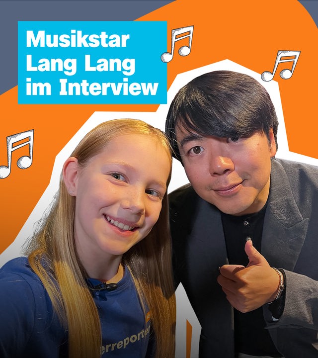 Auf dem Bild sind die Kinderreporterin Thea mit dem Musiker Lang Lang zu erkennen. Daneben steht: "Musikstar Lang Lang im Interview".