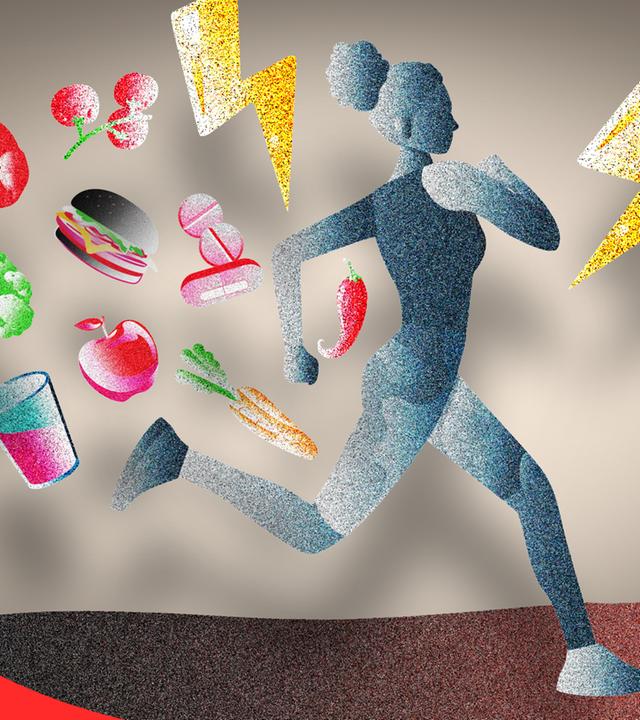 Neue Forschung erklärt, warum manche trotz Diät mehr zunehmen: Braunes Fett, Insulin im Gehirn und individuelle Stoffwechseltypen könnten die Antwort sein! Die zu sehende Grafik einer rennenden Frau mit Blitzen und buntem Gemüse zeigt den Einfluss von Ernährung und Energieverbrauch