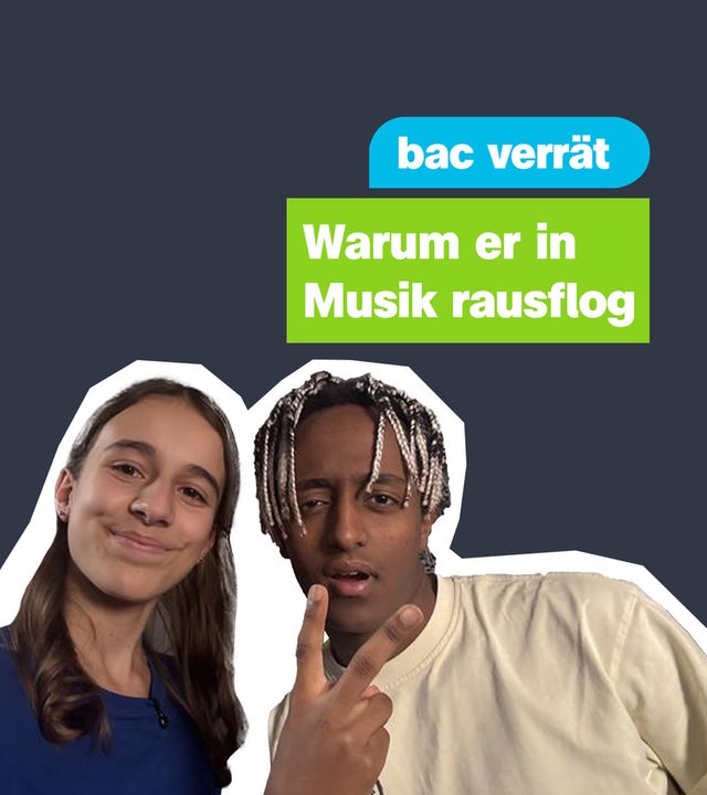Auf dem Bild sind die Kinderreporterin Alice und der Musiker bac zu sehen. Daneben steht: "bac verrät: Warum er in Musik rausflog."