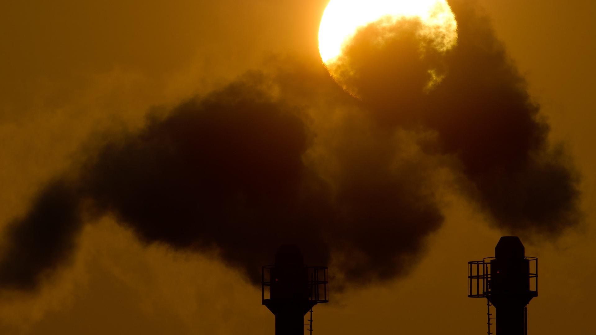  Firmen zahlen für CO2-Emissionen und sparen bei weniger Ausstoß. Auf dem Bild hält ein Mann ein CO2-Schild, während eine Autoschlange Abgase ausstößt.